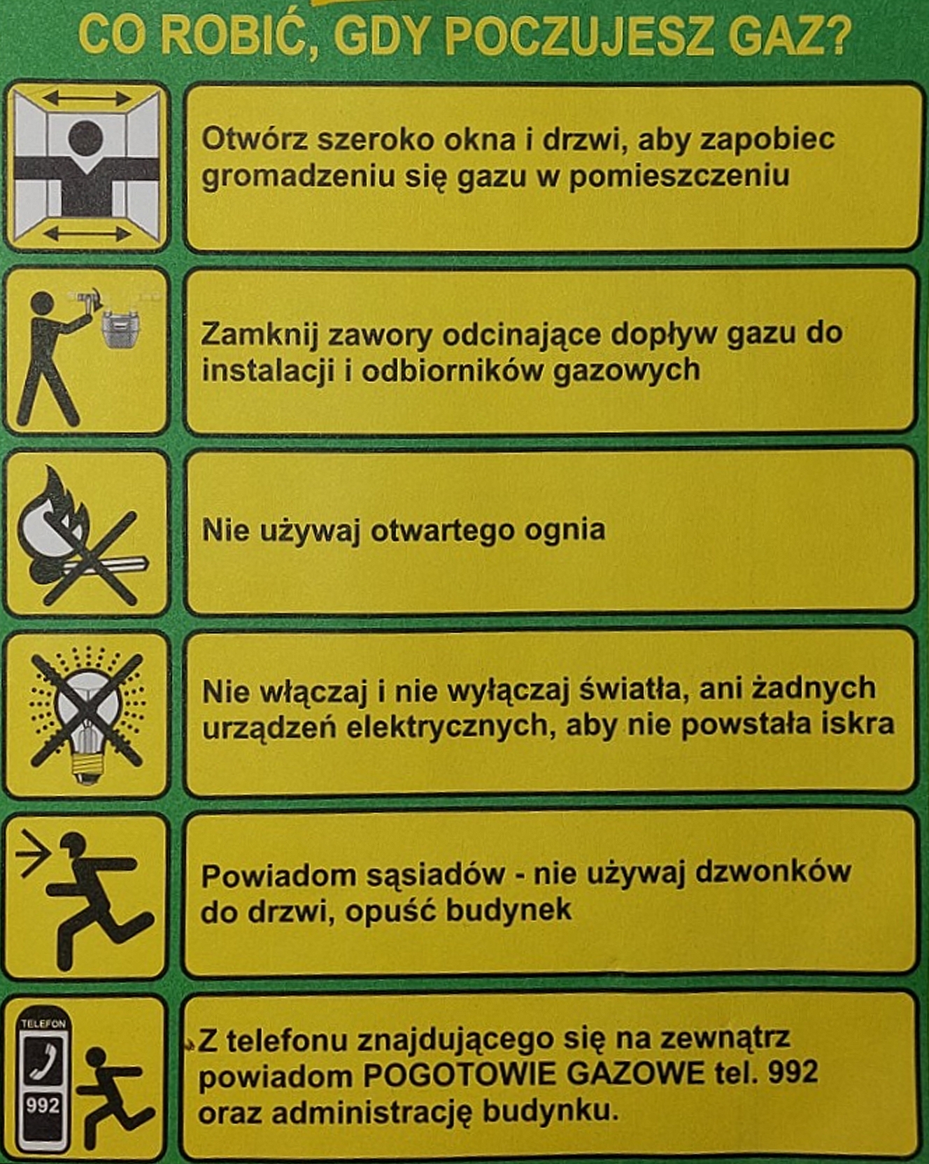 Instrukcja bezpieczeństwa - co zrobić gdy czuć gaz w domu - pogotowie gazowe 992